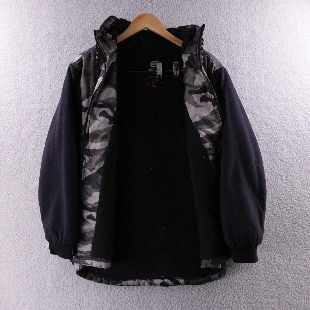 ECKO UNLTD Camo Puffer Jacket‎ Men's Size S Black Gray Zip Up Hooded